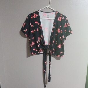 Victoria Secret "Pink" Floral Tie-Front Black Top Size XL